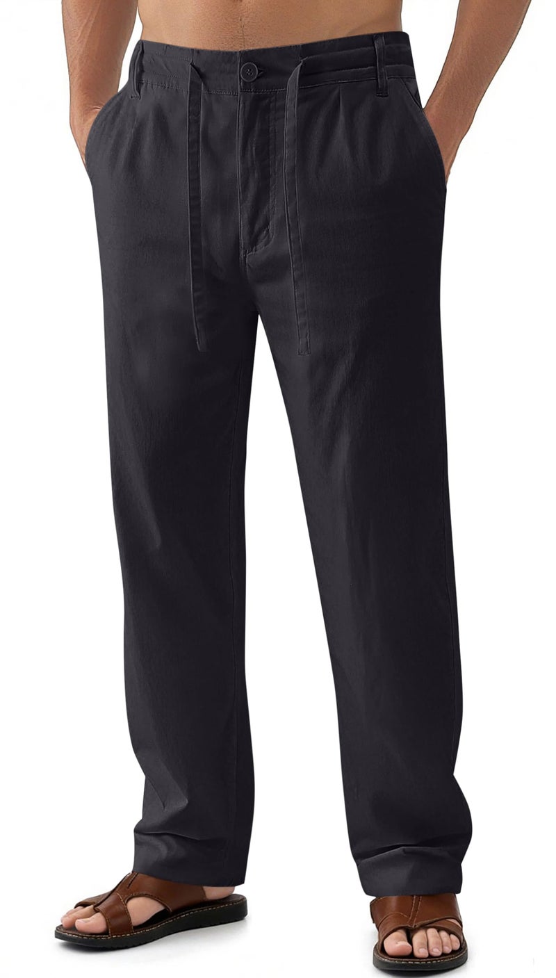 Janmid Men Casual Beach Trousers Linen Summer Pants Black 2XL - Image 1